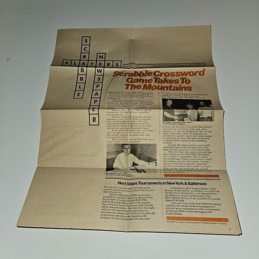 VTG Scrabble Players Newspaper Newsletter Volume 1 Fall 1973